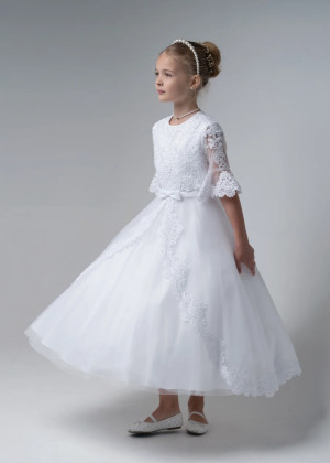 Beaded Elbow Sleeves White Lace Tulle Flower Girl Dress